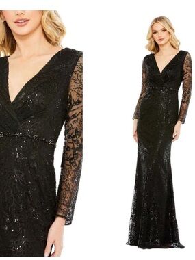 MAC DUGGAL 68016 Black Embellished Lace Long Sleeve V-Neck dress size 20 NWT
